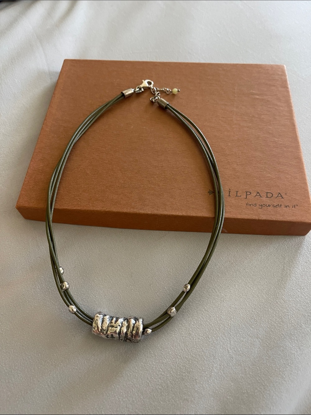 Silpada Olive Green Multi-Strand Leather Necklace with Textured Silver Bead